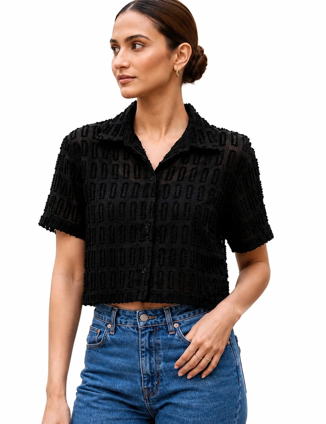 Women's Textured Crop Shirt, Short Sleeve Button Front Top-image-46