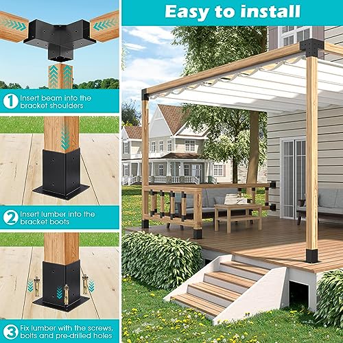 Pergola Kit,Pergola Brackets 3-Way Right Angle Corner Carbon Steel Bracket Woodworks DIY Post Base Elevated Wooden Beams Heavy Duty Stand Kit Outdoor Gazebos Patio Pergolas Hardware Kit for 4x4 Lumber