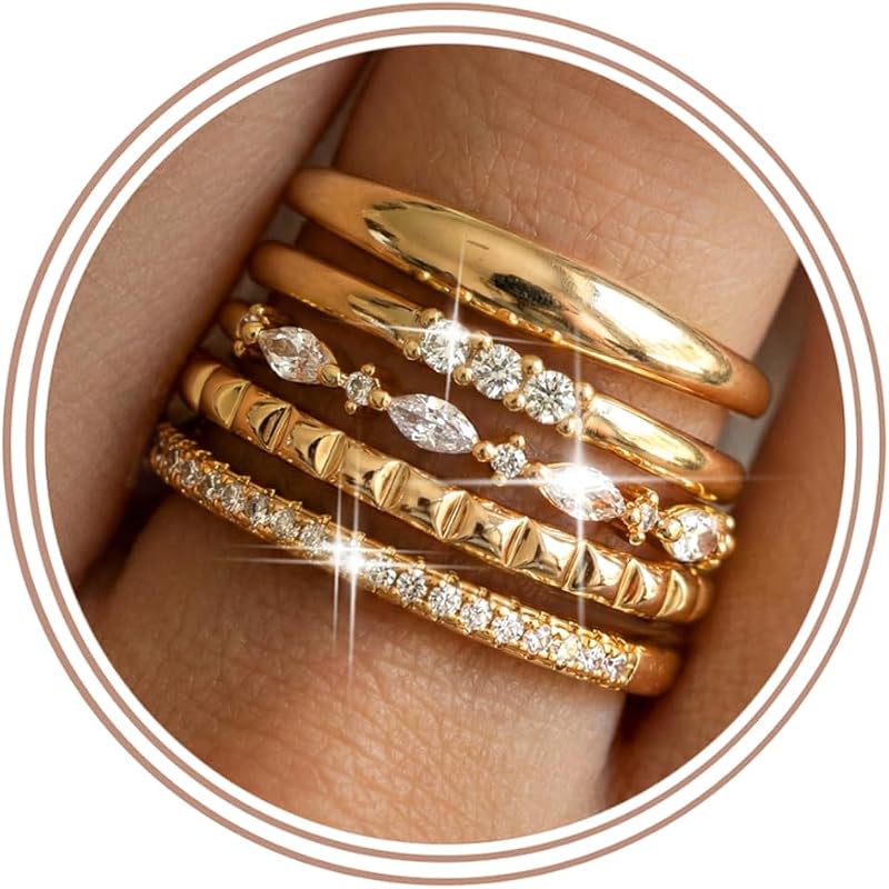 Gold Stackable Rings for Women Non Tarnish Thumb Ring Stack Set | Dainty 14K Gold Plated Stacking Ring Shiny Cubic Zirconia Silver Rings for Women Wedding Engagement Bands Size 5-11