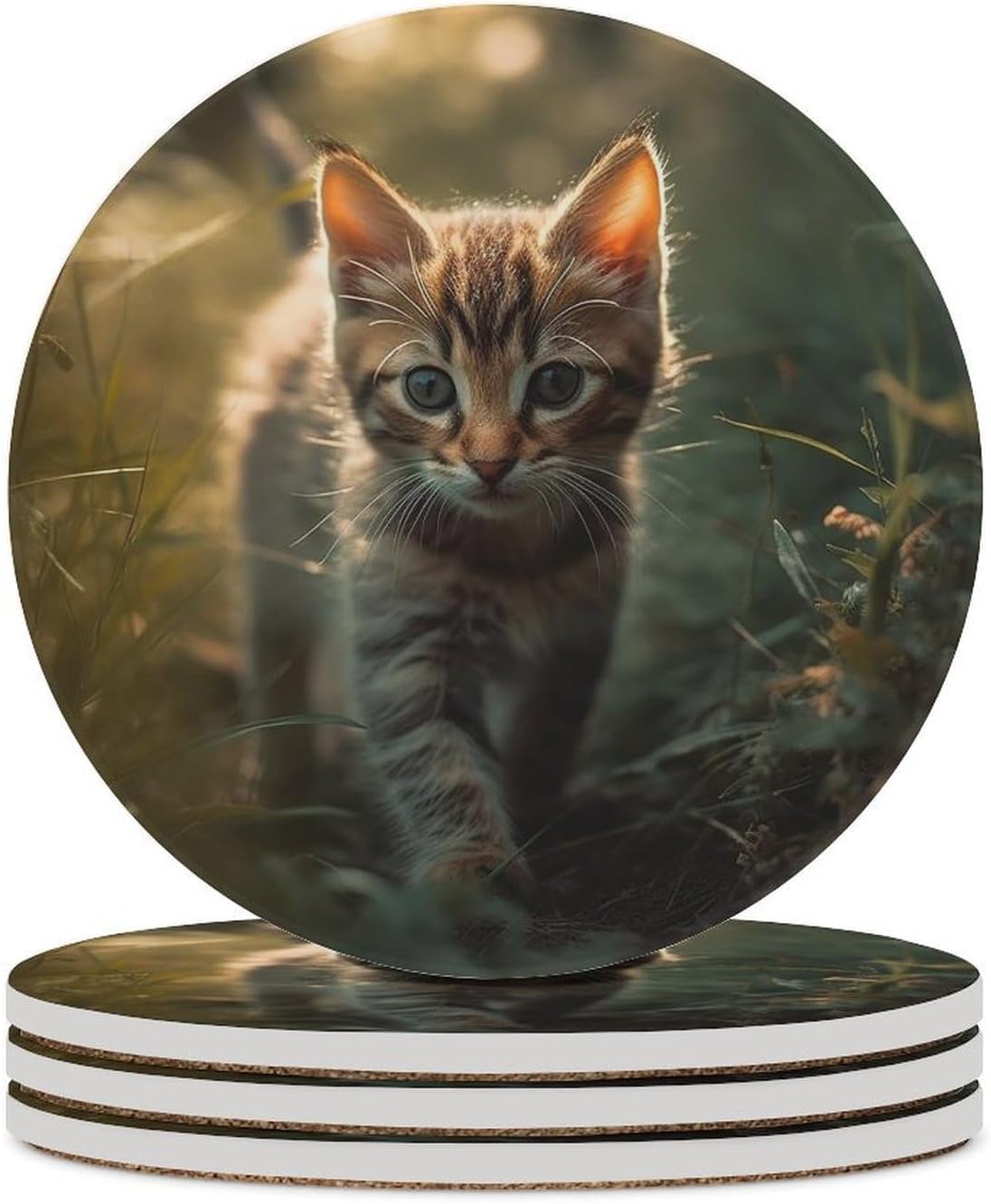 6PCS Kitten Walking on The Grass Coasters Non-Slip Round Drink Coasters with Ceramic Stone and Cork Base, Heat Resistant Absorbent 33.00Stone Coaster Set for Kinds of Mugs and Cups, 4 Inch