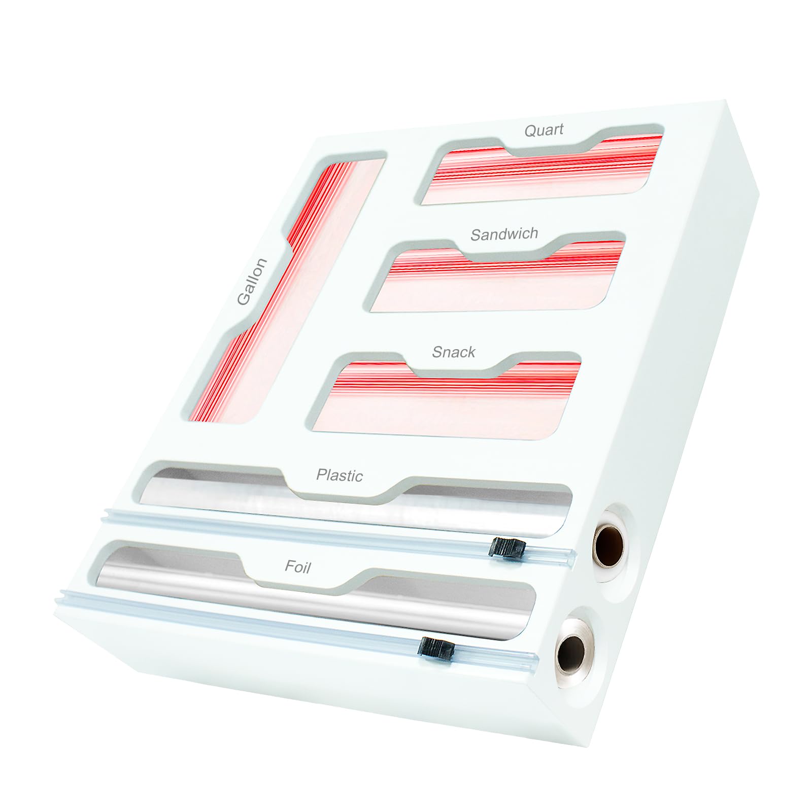 Zip-lock Bag Organizer Bamboo 6-IN-1 Plastic Wrap Dispenser With Cutter Kitchen Drawer Storage Compatible With Gallon Quart Sandwich Snack Aluminum Foil(White)