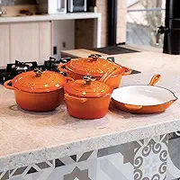 Kit Jogo Panelas Esmaltadas Antiaderente Ferro Fundido Chama e Indução Com Inmetro Estilo Creuset (Laranja)