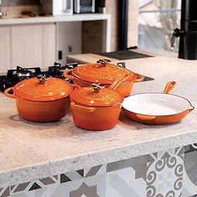 Kit Jogo Panelas Esmaltadas Antiaderente Ferro Fundido Chama e Indução Com Inmetro Estilo Creuset (Laranja)