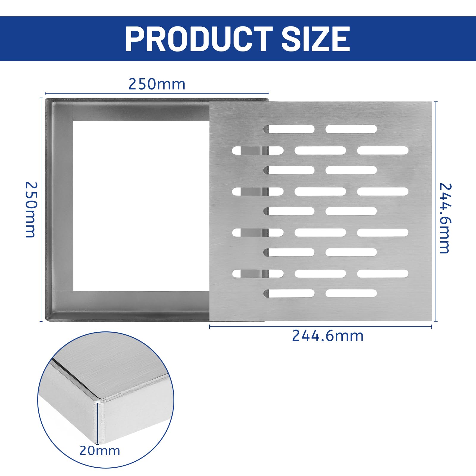 DBREAKS Grille Evacuation Eau Exterieur, Couvercle de vidange en Acier Inoxydable avec Cadre, Grille de Drainage pour Eau de Pluie, 250×250×20mm