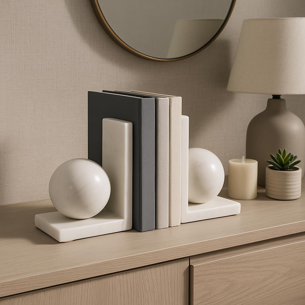 Stylish Orb Marble Book Ends for Home Decor Accent - Decorative Book Accessories for Bookshelf or Office Space - Modern Bookend for Home Library, Desk, or Coffee Table Decor - Set of 2, 6", White