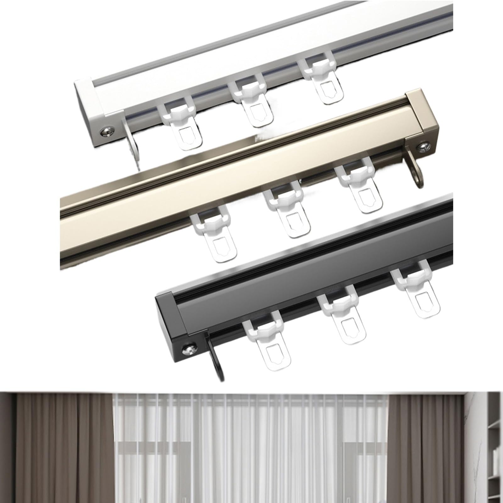 Szyna sufitowa ze stopu aluminium do zasłon, szyna sufitowa do zasłon, szyna z rolkami wyciszającymi, do, ścianka działowa (biała, 170 cm)