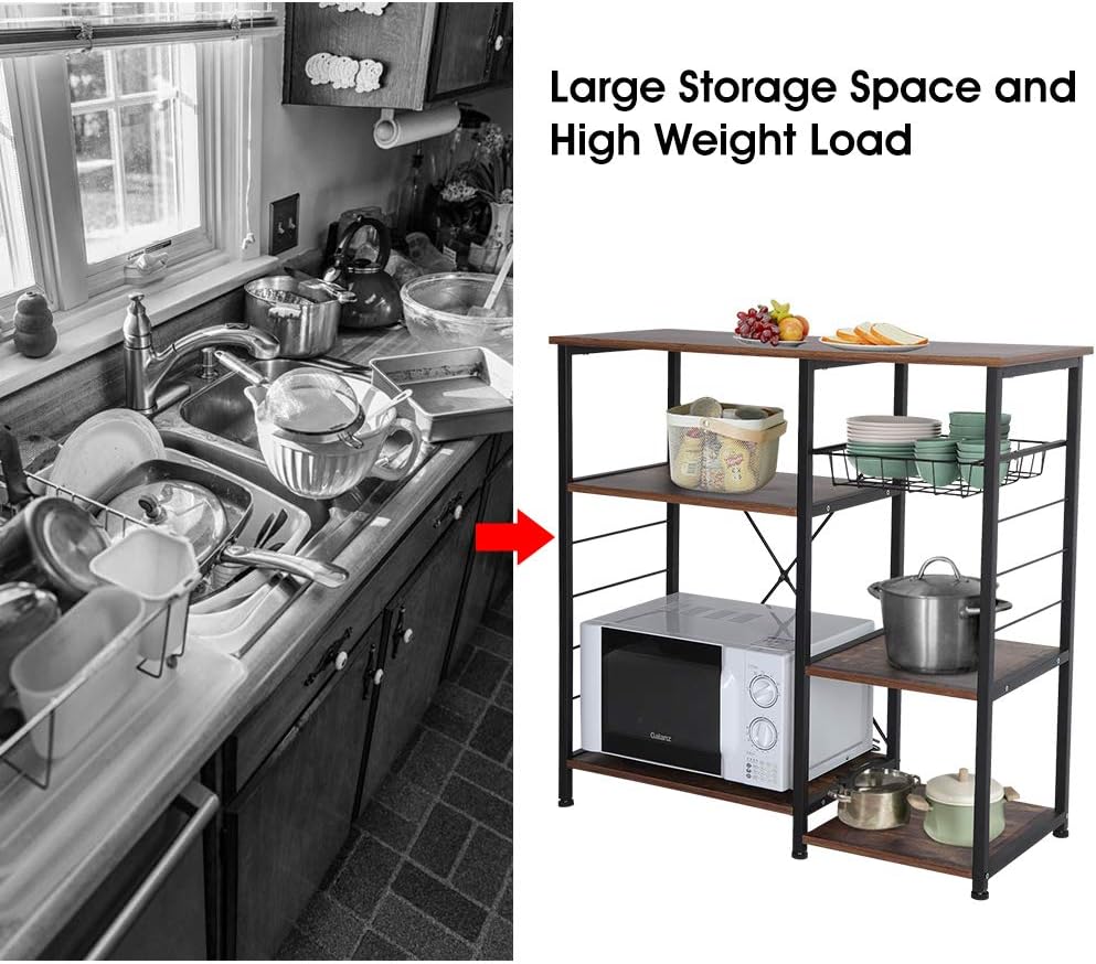 Bakers Rack Microwave Stand with Kitchen Storage Shelves, Kitchen Organizer Oven Industrial Small Utility Cart with Wire Baske with Storage Metal Frame and MDF Board, Brown