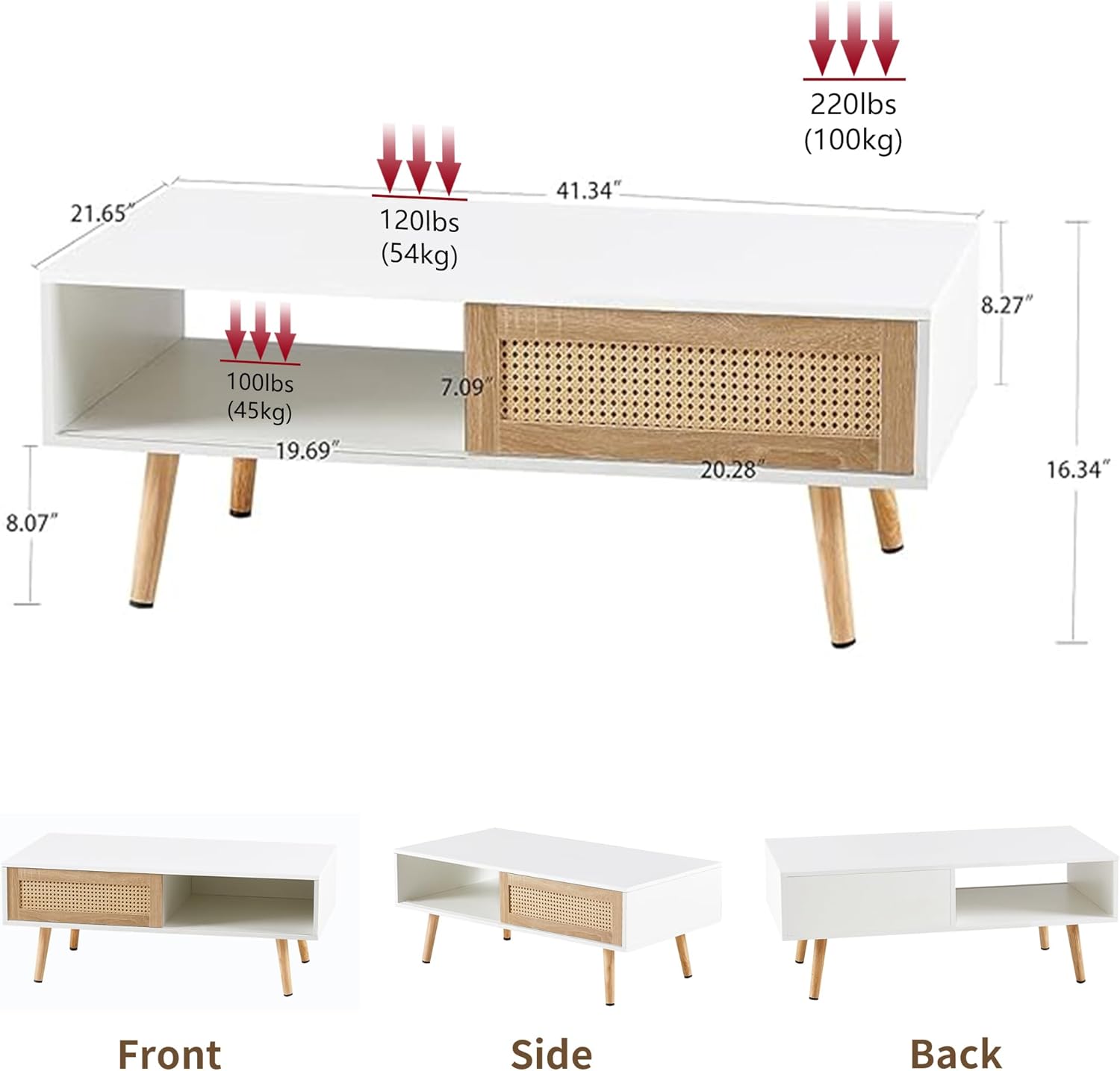 Modern 41.34" Rattan Coffee Table with Sliding Door & Storage, Mid-Century Boho Center Table with Solid Wood Legs and Open Shelf, Space-Saving Design Wood Table for Living Room Apartment