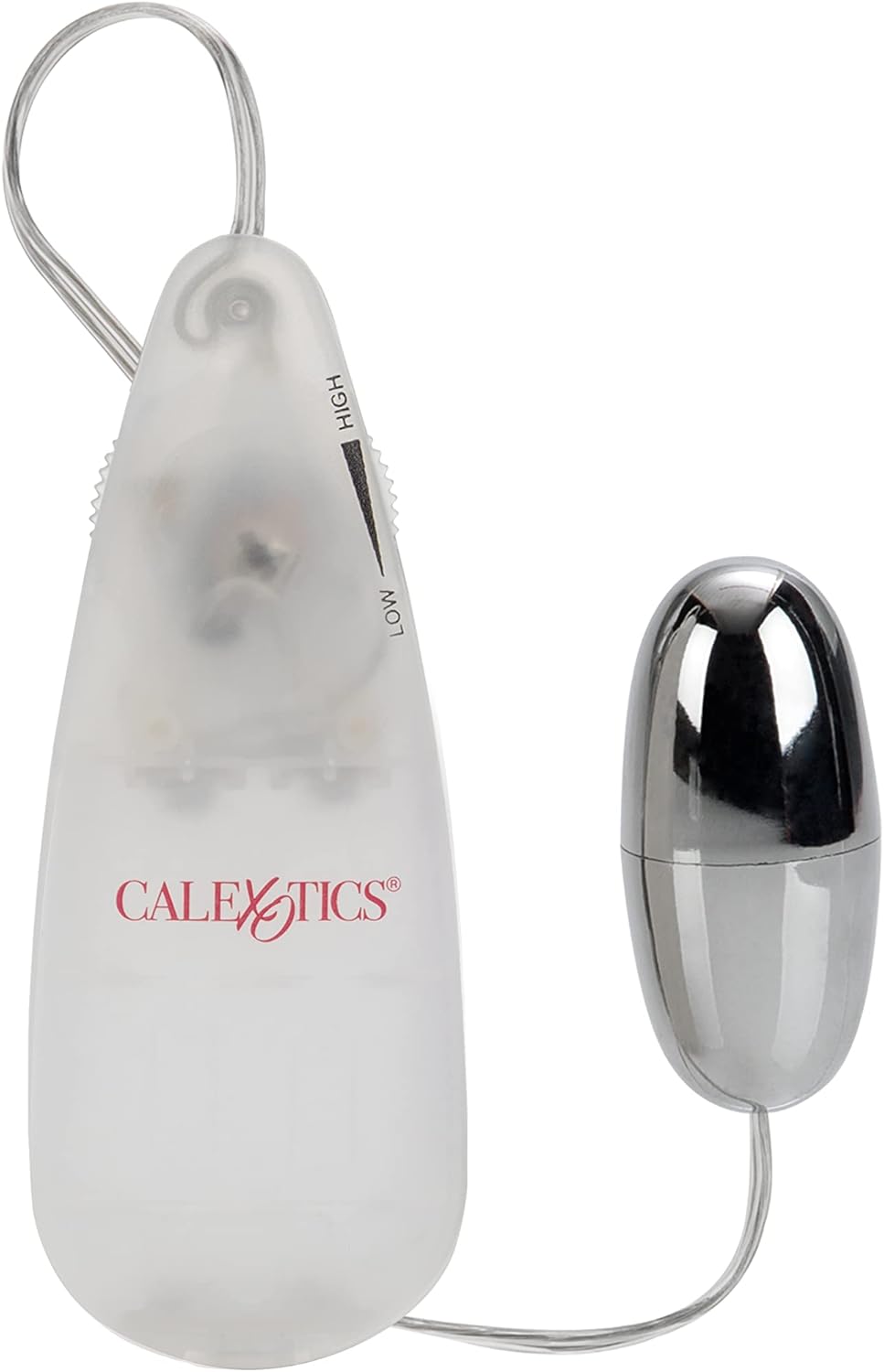 CalExotics Pocket Exotics Vibrating Silver Bullet with controller showing speed settings