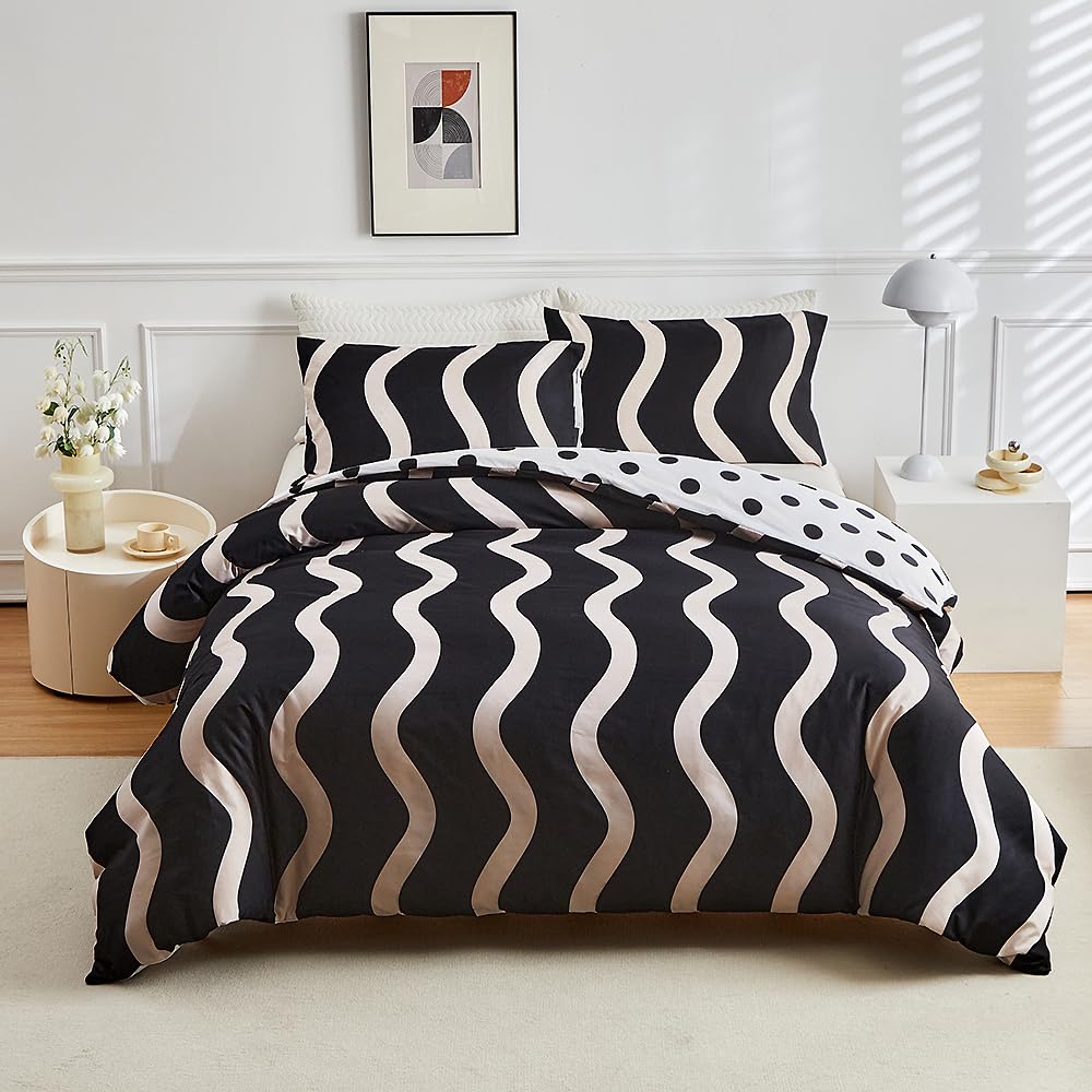 Housse de couette fermeture éclair 230x260 parure de lit motif géométrique abstrait noir