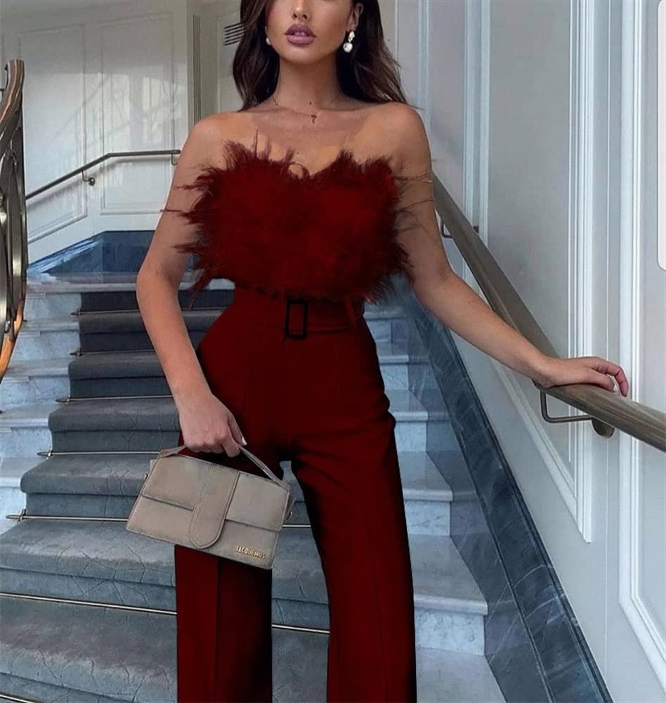 Tuta Donna Spalle Scoperte Con Piume - Pagliaccetto Elegante Per Feste E Serate - Foto 2