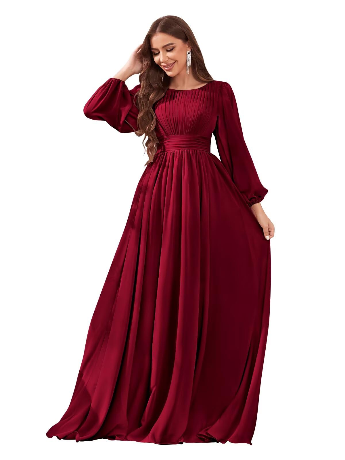 Burgundy Bridesmaid Dresses Long Sleeve Chiffon Ruffled Empire Waist Evening Cocktail Dress Size 8