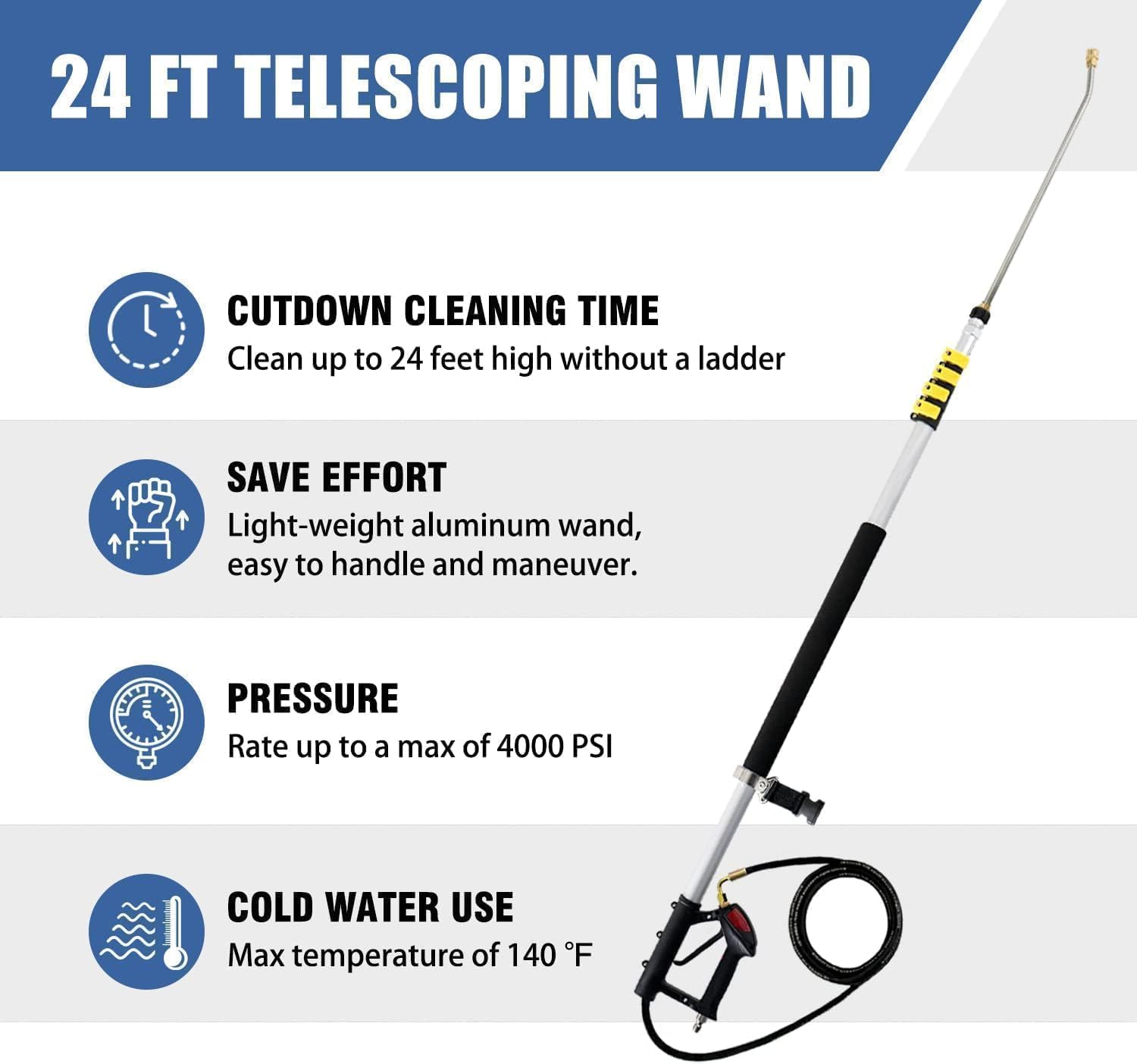 Asta telescopica ad alta pressione da 24 FT con aste di estensione, testa della spazzola, pulitore per grondaie, 7 ugelli spray, 2 adattatori per tubo e cintura di supporto