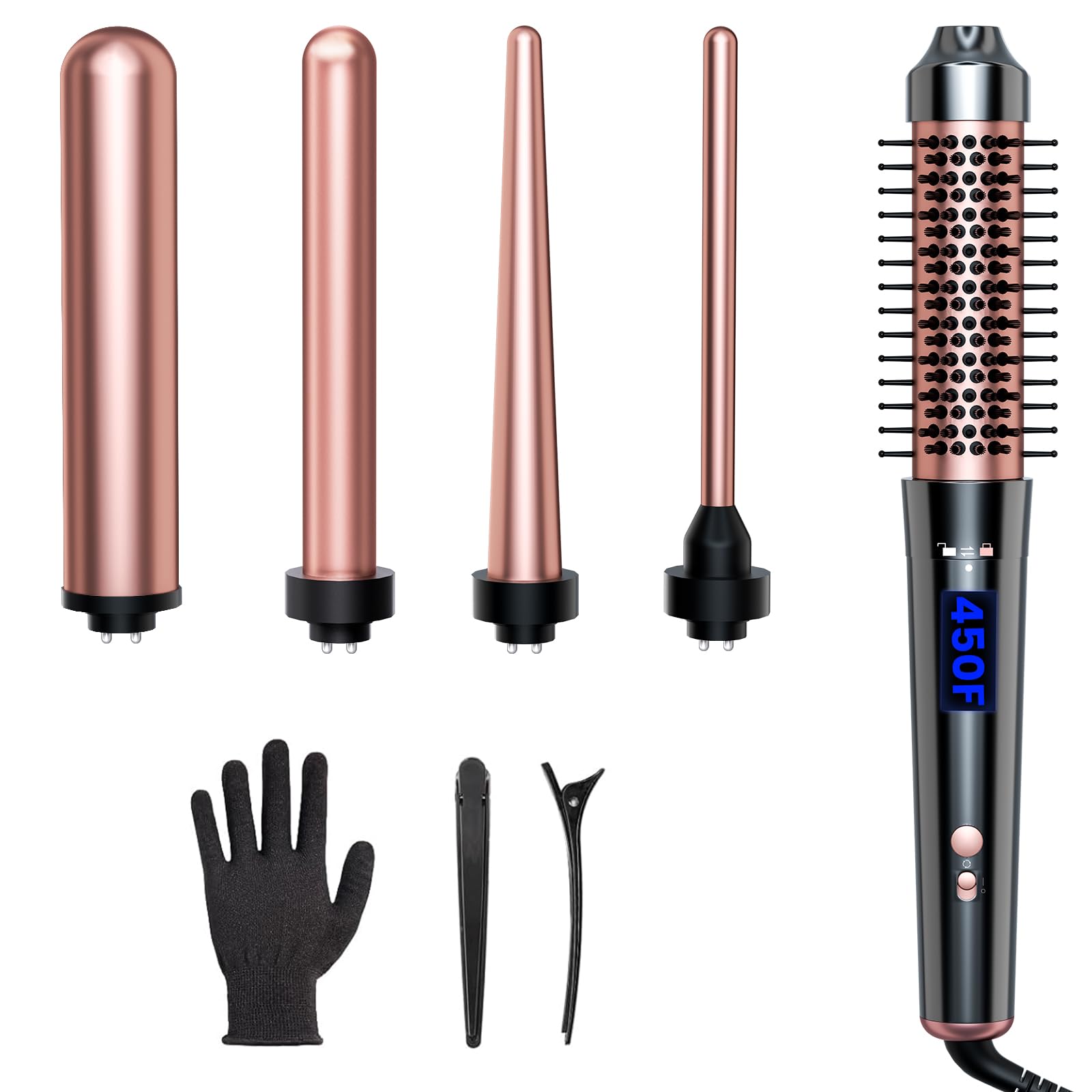 Bo'laiya 5 in 1 Curling Wand Set with Curling Brush and Temperature Display, 4 Interchangeable Ceramic Curling Wand(0.4'' - 1.3'') and Heat Protective Glove & 2 Clips -Rose Gold