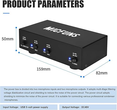 Miniatura 2 de MC2 - Fuente de alimentación Phantom de 2 canales y 48 V con cable de audio de 0.138 in para conectar interfaz de audio para micrófono de