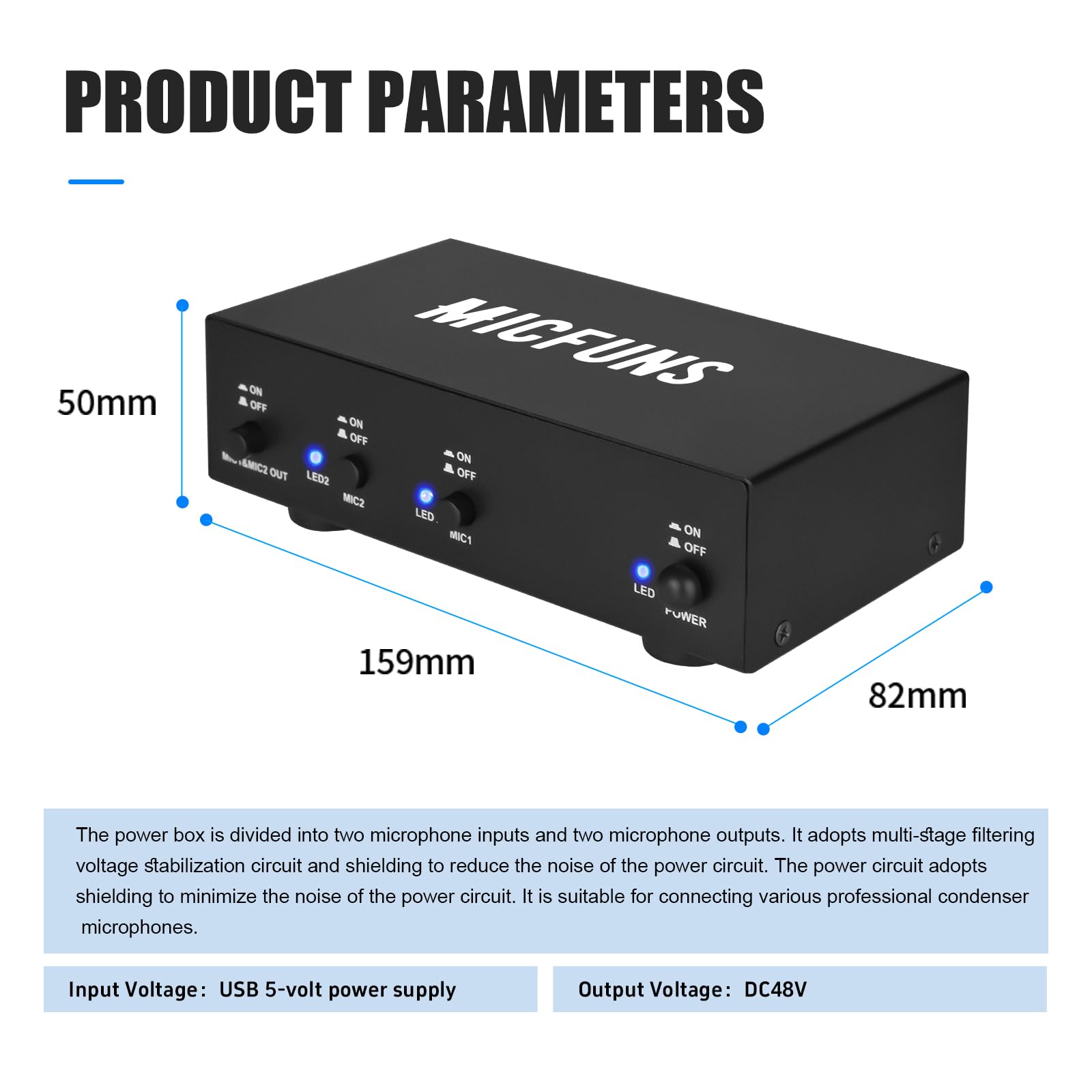 MC2 Alimentation fantôme 2 canaux 48 V avec câble audio 3,5 mm pour connecter une interface audio pour microphones à condensateur et appareils d'enregistrement de musique (2 canaux)