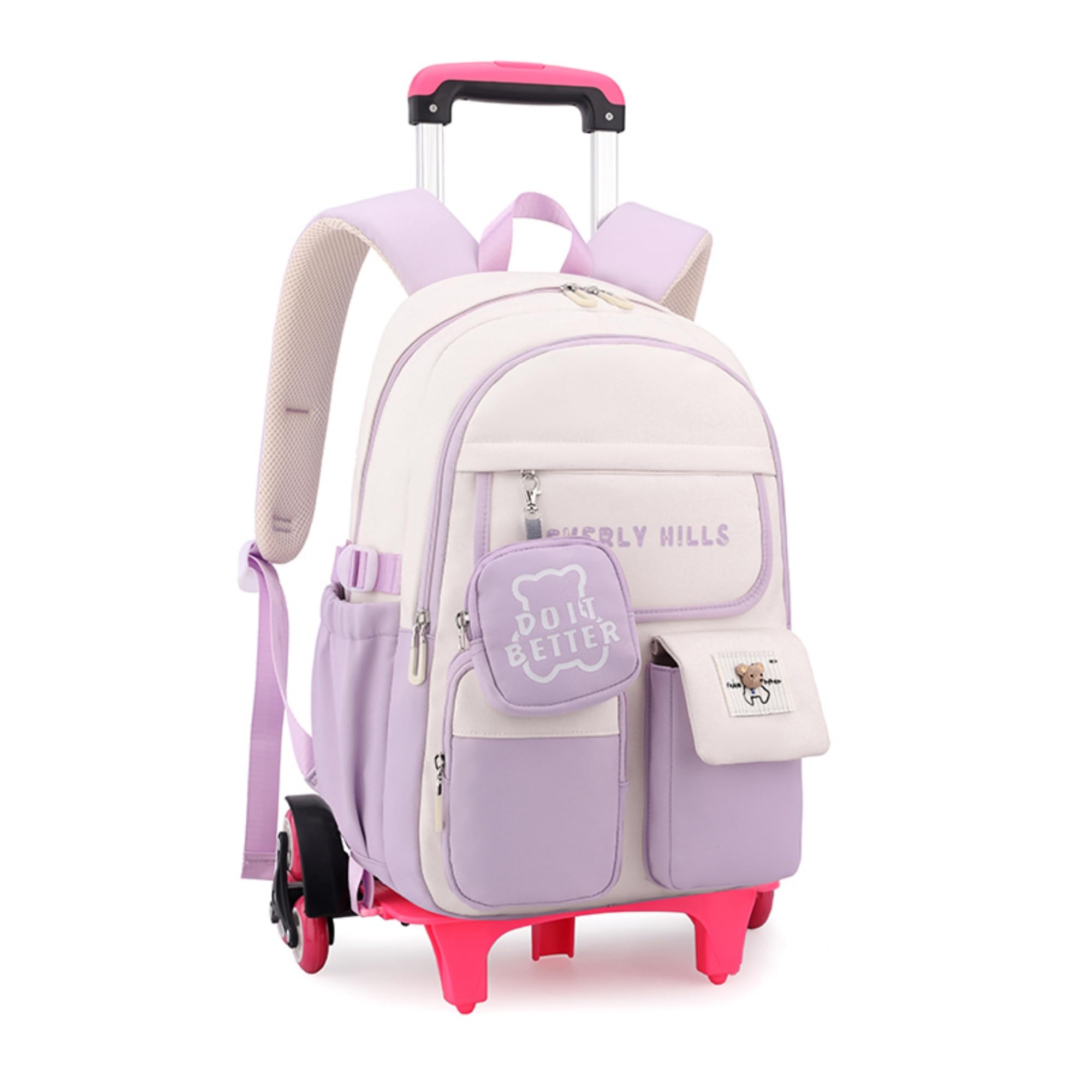 ZHANAO Color-blocking Rolling Backpack for Girls,Kawaii School Bag with Wheels,Trolley Bookbags for Primary Students