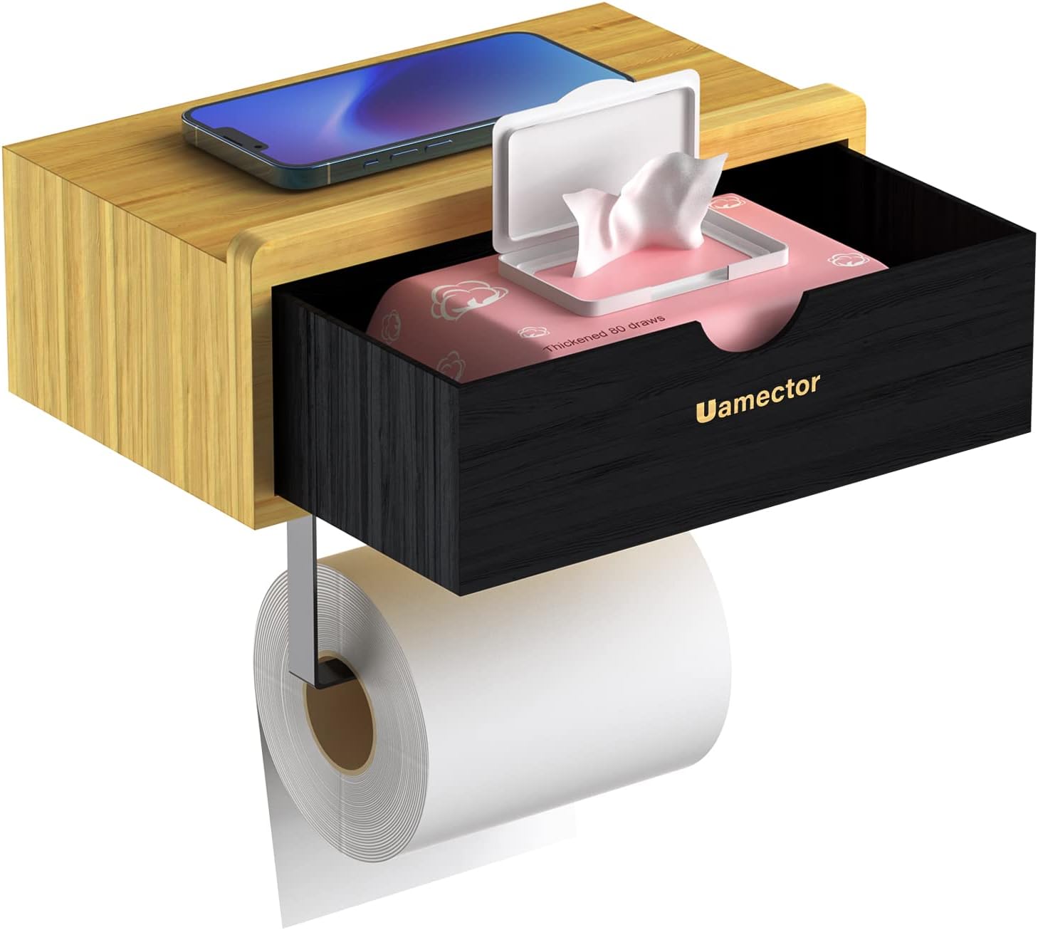 Unique Bamboo Toilet Paper Holder with Phone Shelf