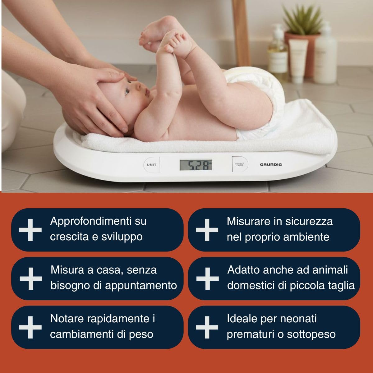 Grundig Bilancia Neonato Digitale - Precisione 10 Grammi - Max 20 Chili - Bilancia Pesapersone Digitale Funzione Tara - Neonato Accessori Utili Bilanciamo - Bianco