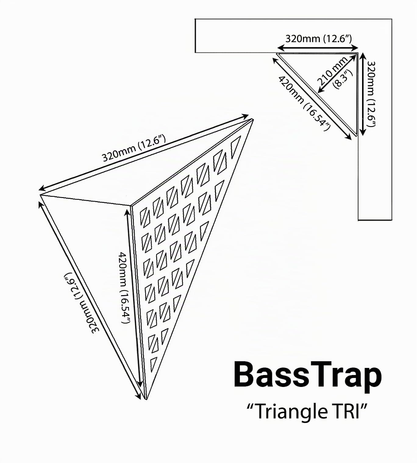 2er-Pack – Akustik-Eck-Decken-Bassfalle „Dreieck“ | Schallabsorbierender Akustikschaum mit perforierter, laminierter HDF-Platte für Diffusion | Seite: 42 cm | Farbe: [TRI | Weiß]