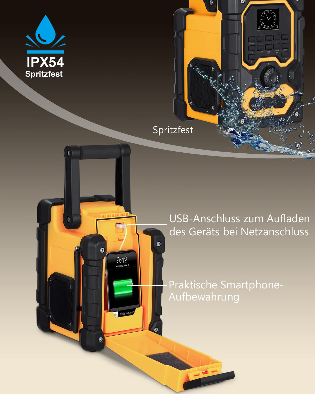 Baustellenradio Robustes DAB+ FM Radio mit Bluetooth 5.0, 16W Stereo-Lautsprecher, 8000mAh Akku bis 18h Spielzeit, USB Handy-Ladeanschluss, Aux Anschluss, Spritzwassergeschützt & Staubdicht(Gelb)
