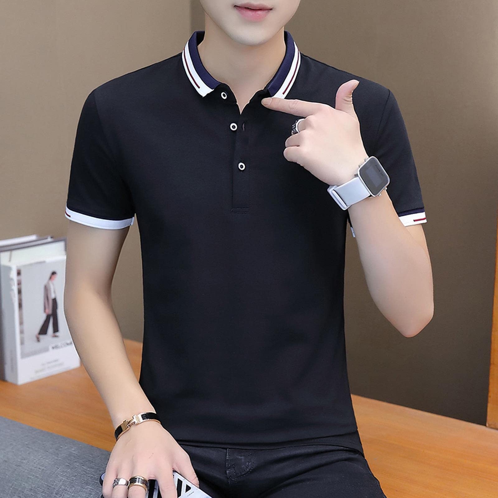 Camiseta casual de verano para hombre, talla grande, manga corta, cuello abatible, camisa ajustada para hombre, gris 2, L