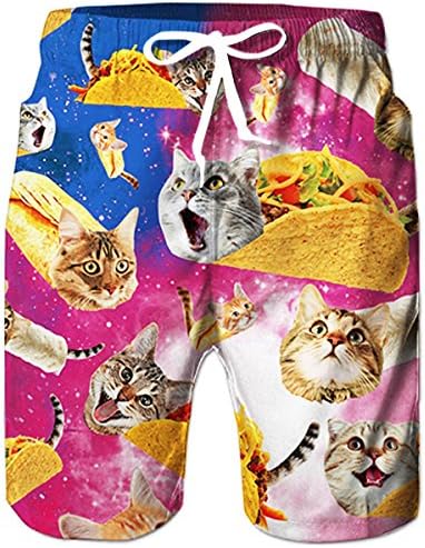 TUONROAD Patterned Surf Trunks Bright Colored Yellow Pancake Green Red Vegetable Mens Swim Trunks Sports Competitive Board Shorts Clearance,X-Large,Pizza Cat