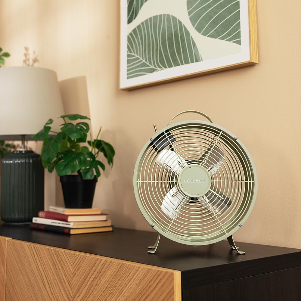 Cecotec - Ventilatore da Tavolo EnergySilence 400 RetroDesk Green, 25 W di potenza, 8 pollici, 4 pale aerodinamiche, design minimalista, 2 velocità, base robusta e stabile