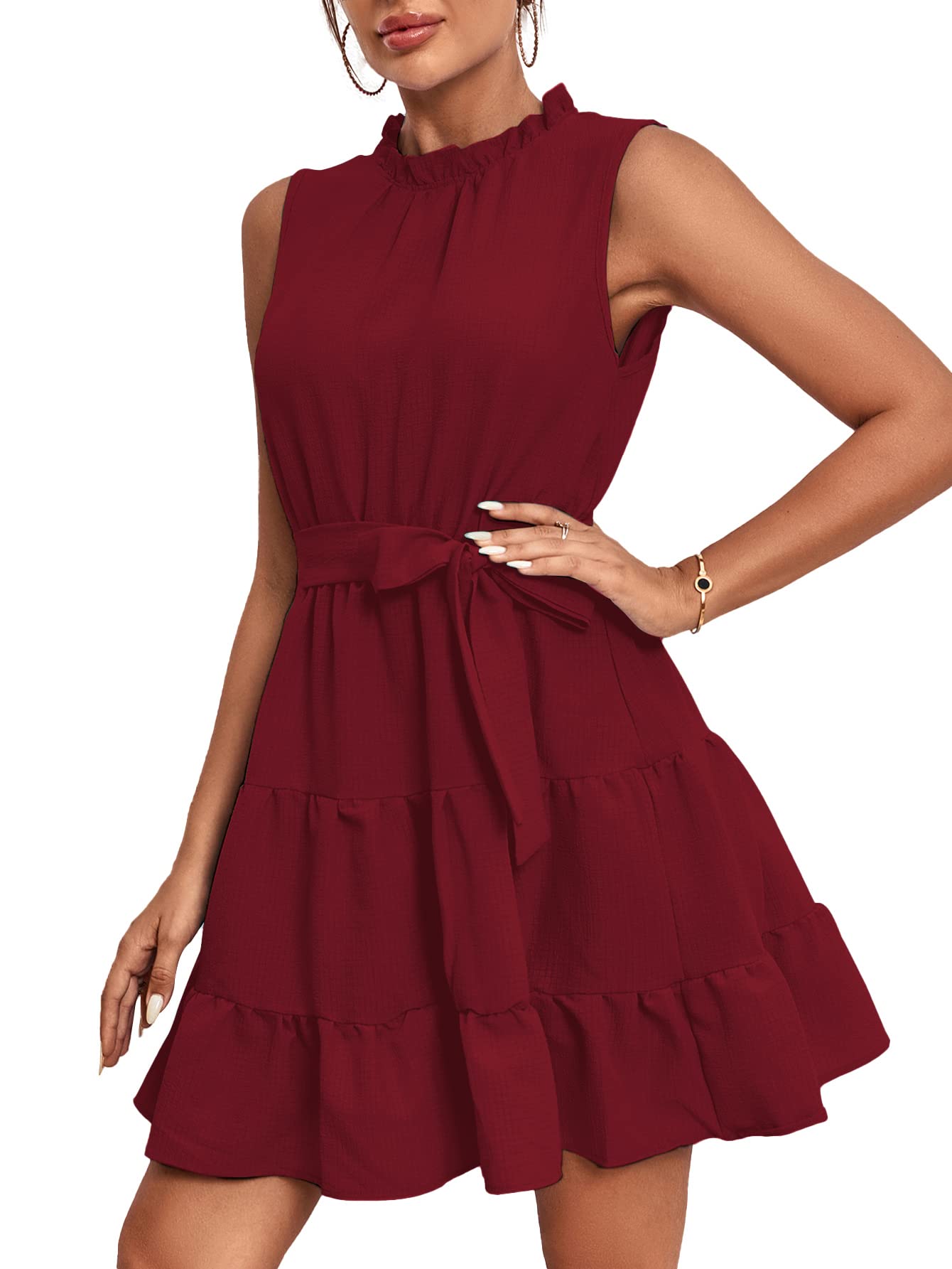 Umenlele Vestido corto para mujer, con cuello redondo, sin mangas, con nudo de corbata, cintura alta, volantes en capas, Rojo vino, S