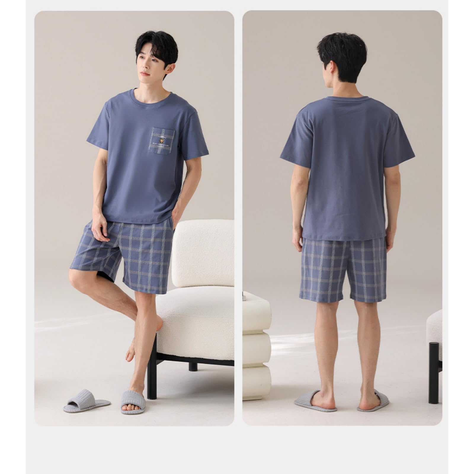 Pigiama Uomo Estivo Posuto da in Cotone Mobile Maschile più Dimensioni Summer Youth Home Abiti A Due Pezzi Set Pezzi-blu-5xl