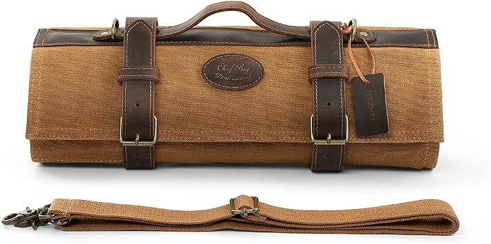 Chef Knife Roll Bag 16oz Oil Waxed Canvas with Cazy Horse Leather, 12 Slots & 2 Zipper Pockets, Portable Backpack Knife Case Storage, Detachable Adjustable Shoulder Strap BeltNot Included Knives