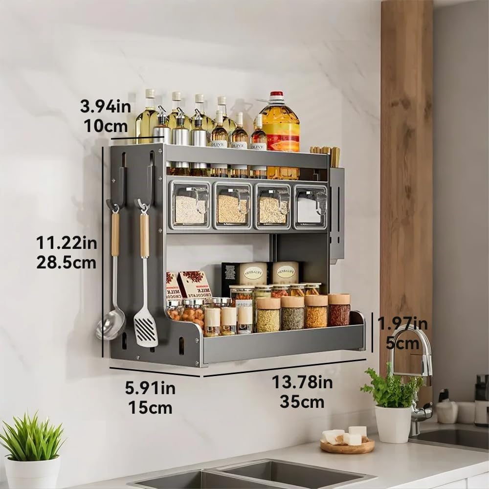 Mensola da Cucina per Condimenti, Portaspezie a Parete con Ganci e Supporto per Utensili, Organizzatore per Barattoli di Zucchero, Sale, Pepe, Olio (4 Scatole)