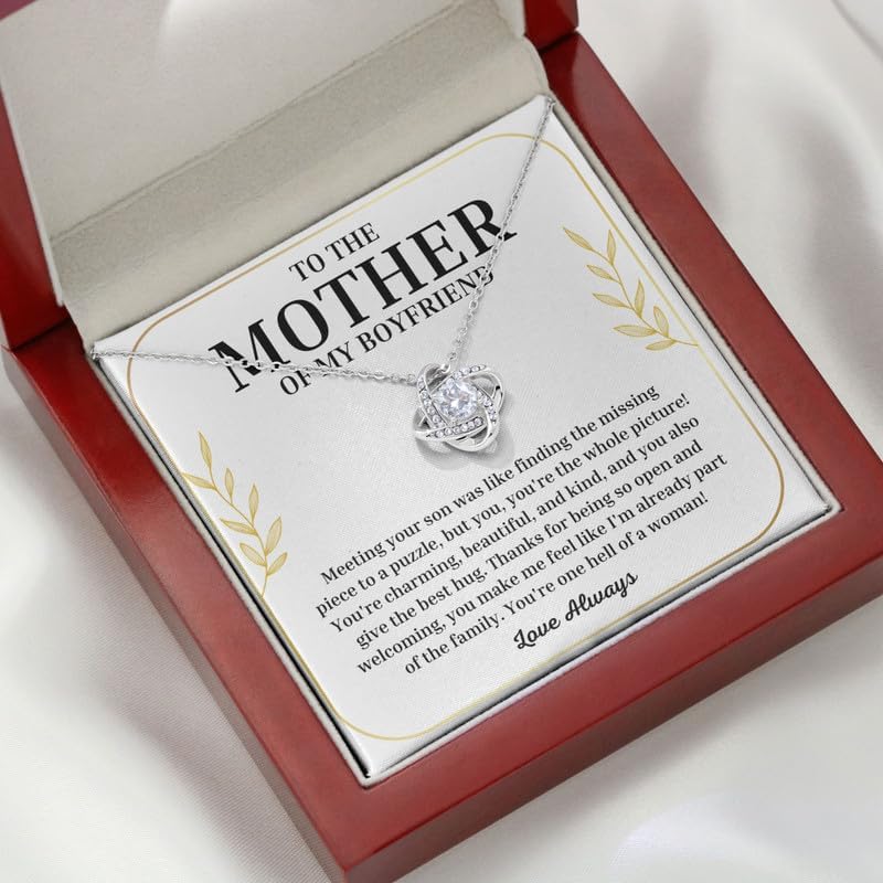 To My Boyfriend's Mom Necklace Message Card Box Love Knot Silver Mahogany - Meeting Your Son Was Like - Relationship Jewelry Aunt Stepmother Valentine