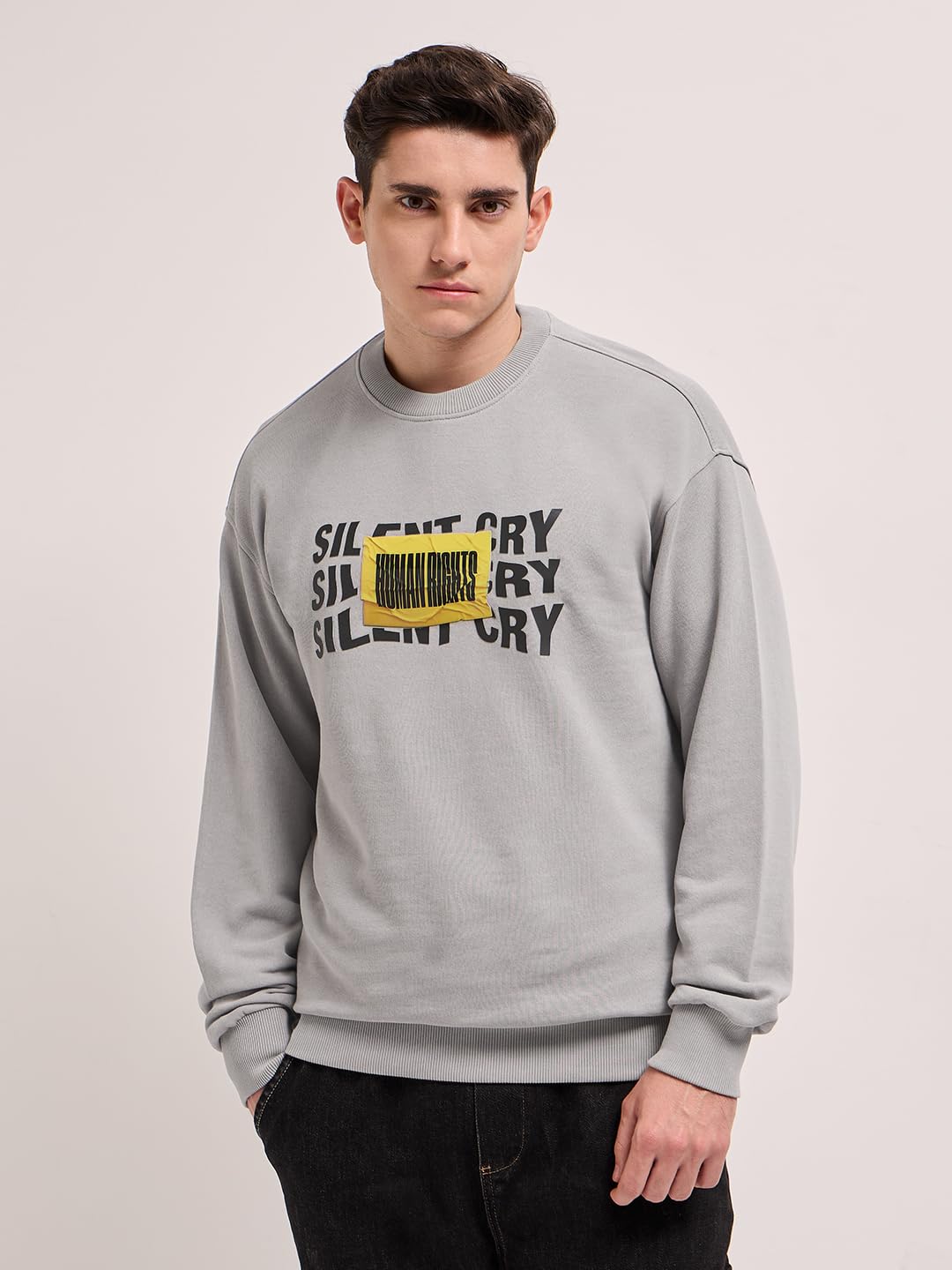 THE BEAR HOUSE Men Typography Printed Round Neck Cotton Pullover Sweatshirt Grey 4