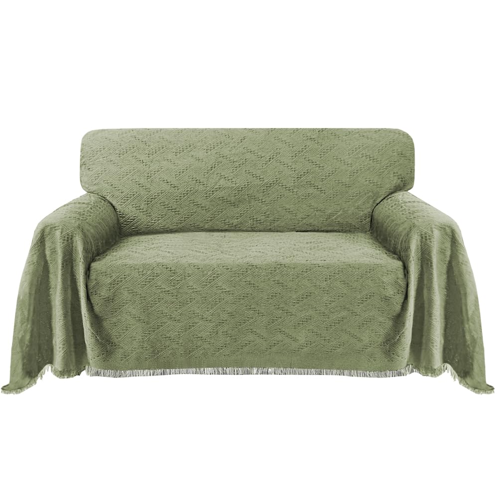 Turquoize Cotton Sofa Protector - Sage Couch Throw Cover for Dogs - Geometrical Woven Fabric (71"x 102", Large)