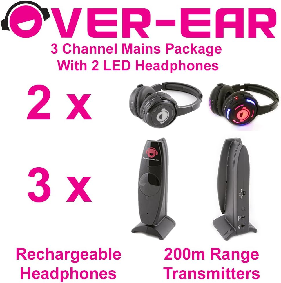 Silent Disco Package - 3 Channels with 2 LED Headphones