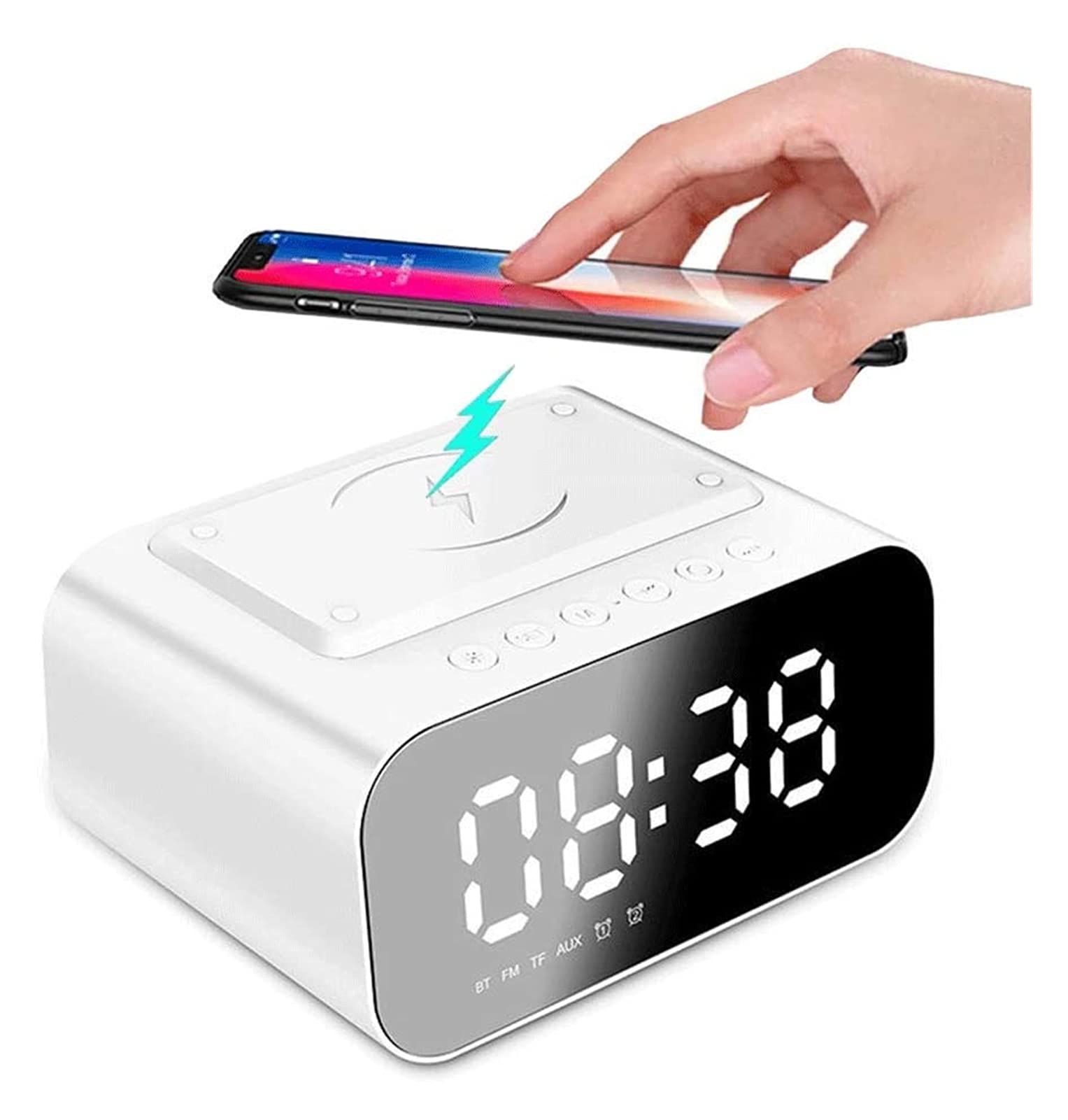 Reloj de alarma digital de carga inalámbrica, espejo DIRIGIÓ Exhibir con USB Puerto, altavoz FM Radio de reloj, Dual alarma, Llamada de manos libres para dormitorio en la cama del hotel (blanco)