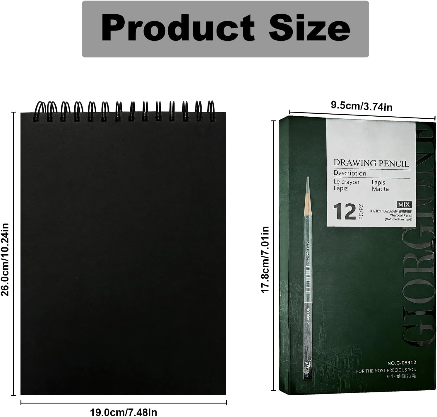 Sketchbook and Pencil Set - Spiral Bound Hardcover with 60 Sheets & 12 Charcoal Pencils (Hard/Medium/Soft) for Professional Artists and Beginners