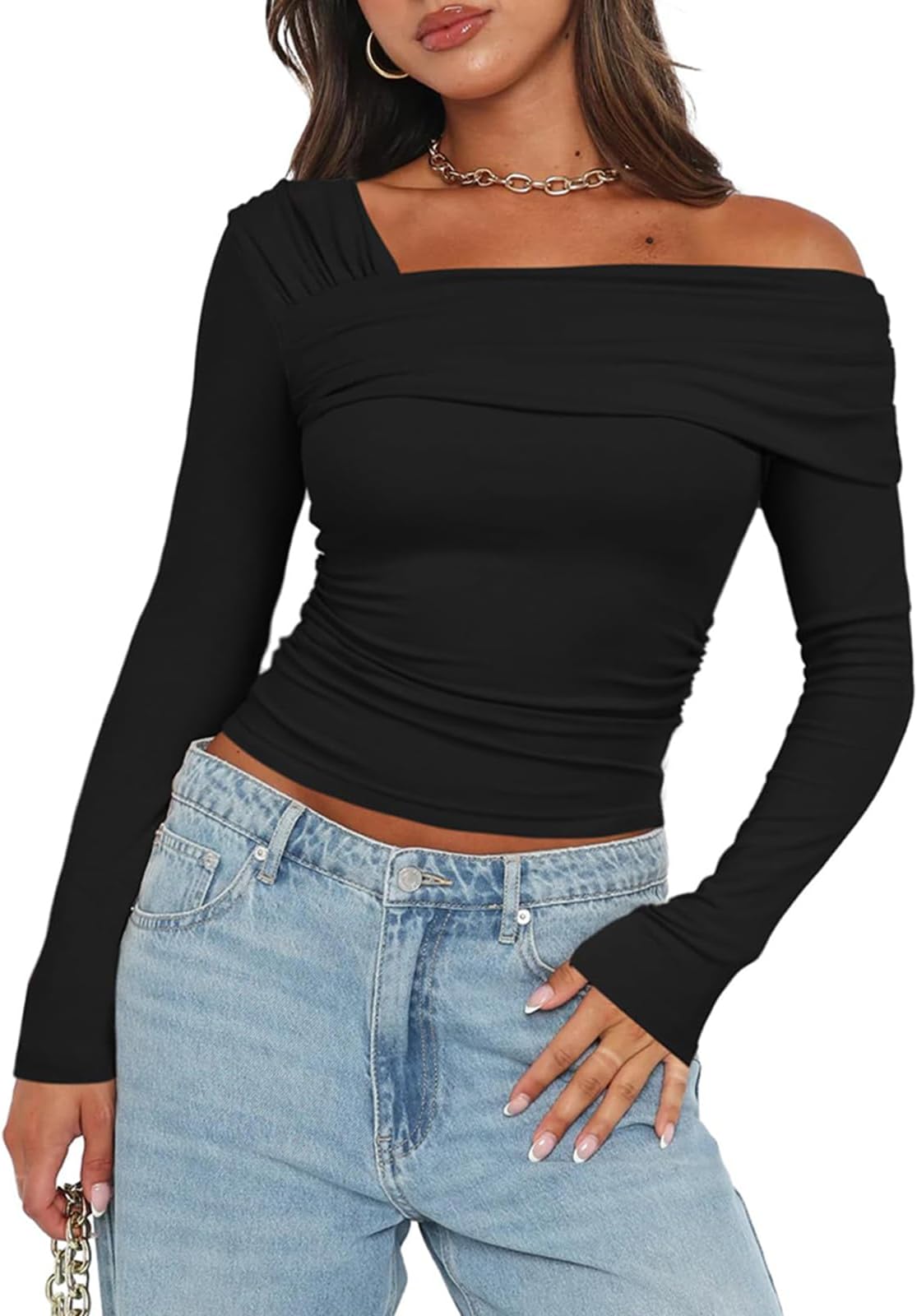 Women's One Off Shoulder Long Sleeve Top Casual Going Out Y2K Tops Slim Fit T-Shirts Ruched Crop Top