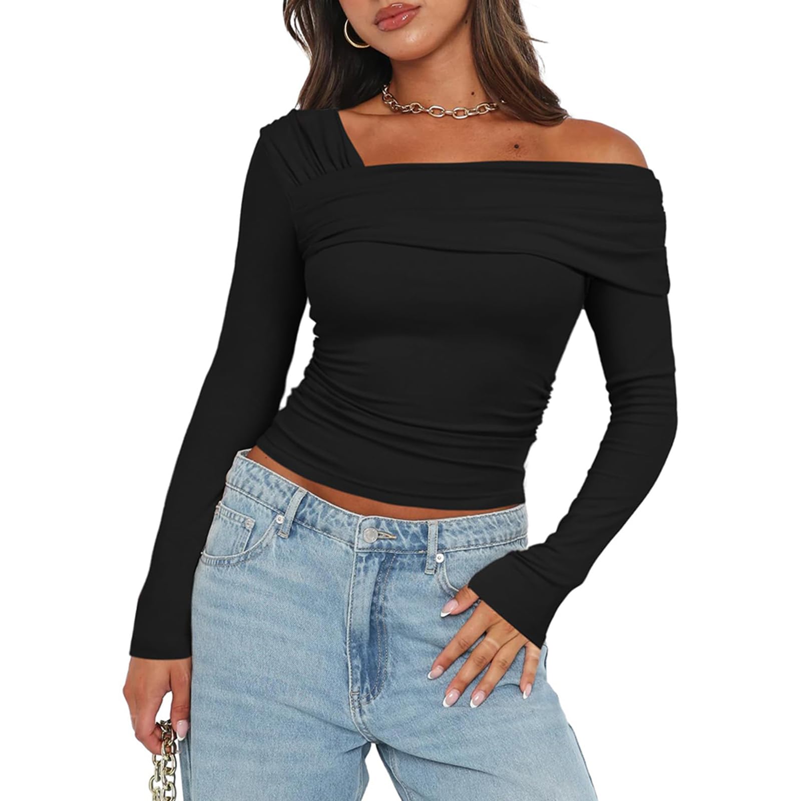 Women's One Off Shoulder Long Sleeve Top Casual Going Out Y2K Tops Slim Fit T-Shirts Ruched Crop Top