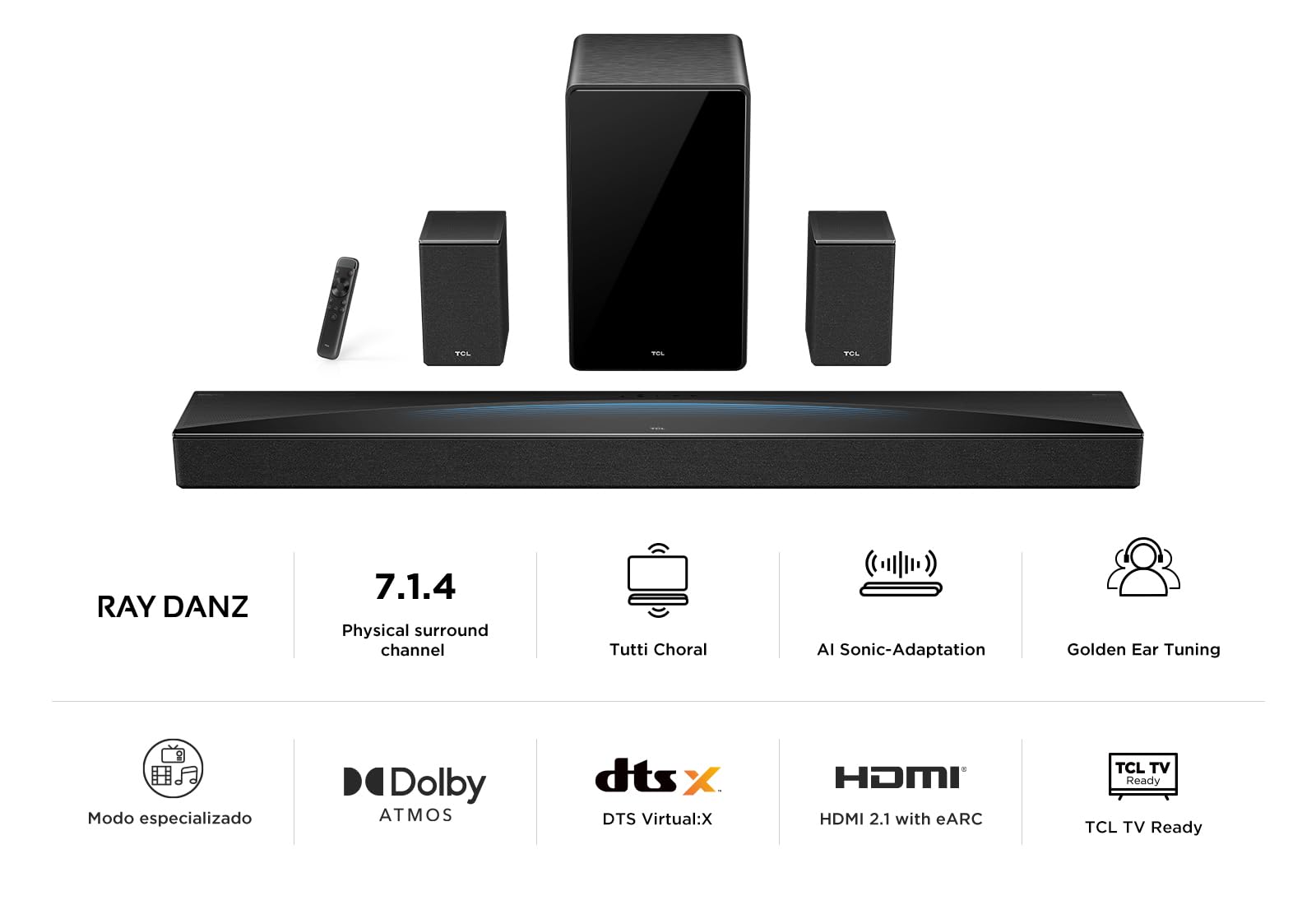 TCL Q85H Barra de Sonido 7.1.4, 860W, Subwoofer y Altavoces Traseros Inalámbricos, Dolby Atmos, DTS Virtual:X, Ray Danz, HDMI eARC, AirPlay 2, Tutti Choral