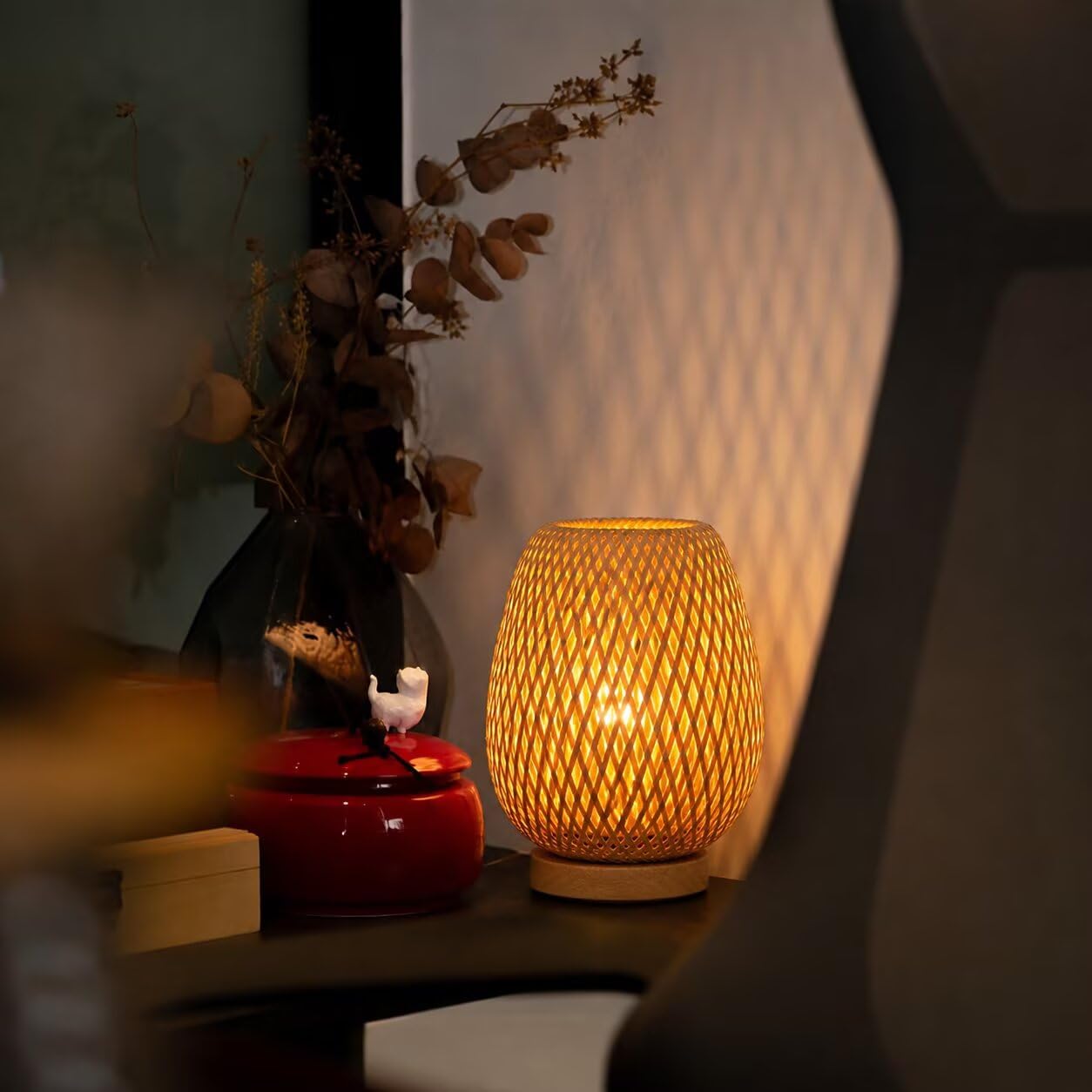 Handgewebte Bambus-Tischlampe, kreativer ländlicher Stil, doppellagiger Bambus-Lampenschirm, Nachtlicht, Tischleuchte, dekorative Tischbeleuchtung für Schlafzimmer, Wohnzimmer