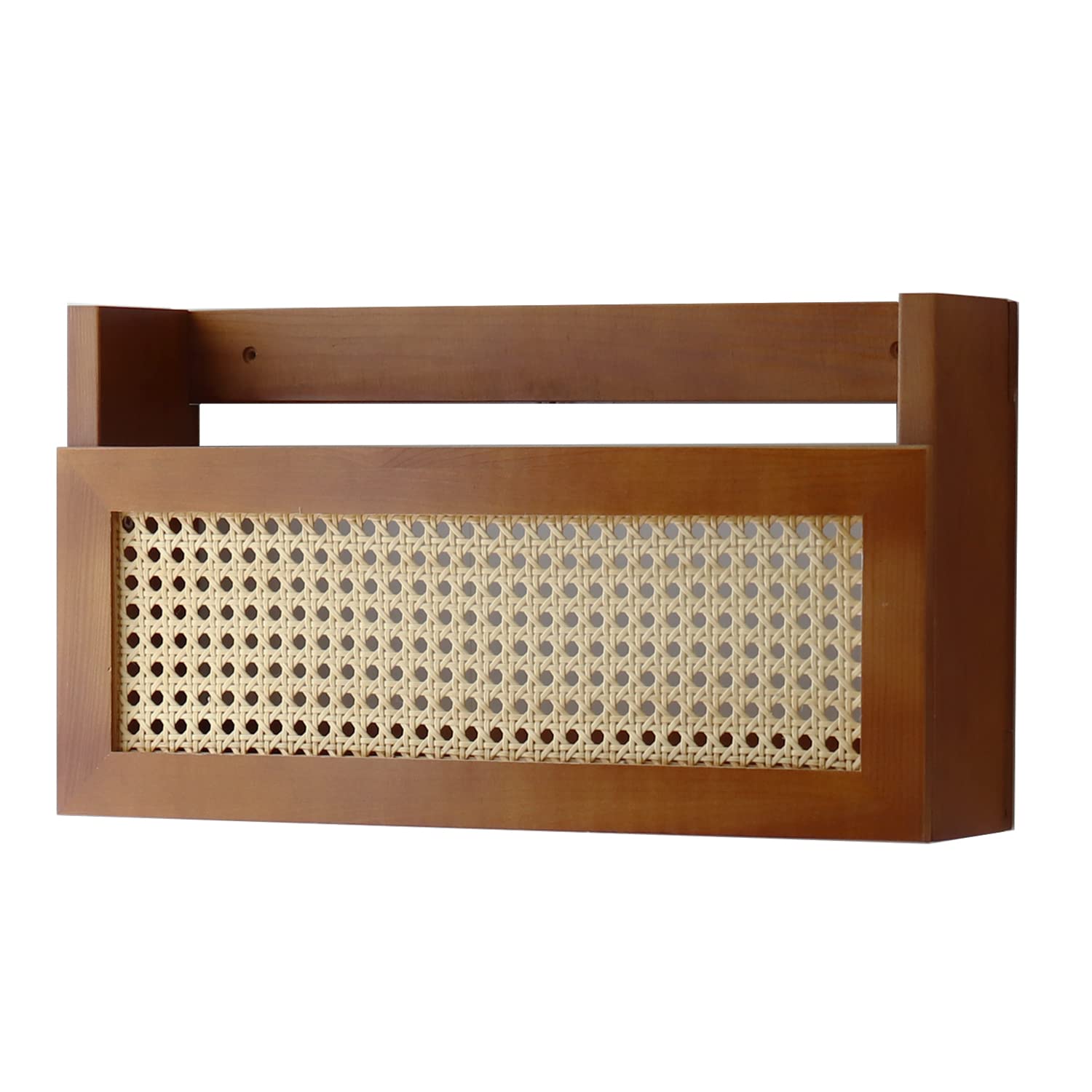 FIRADE Wall Magazine Rack - Brown Wood & Rattan -6