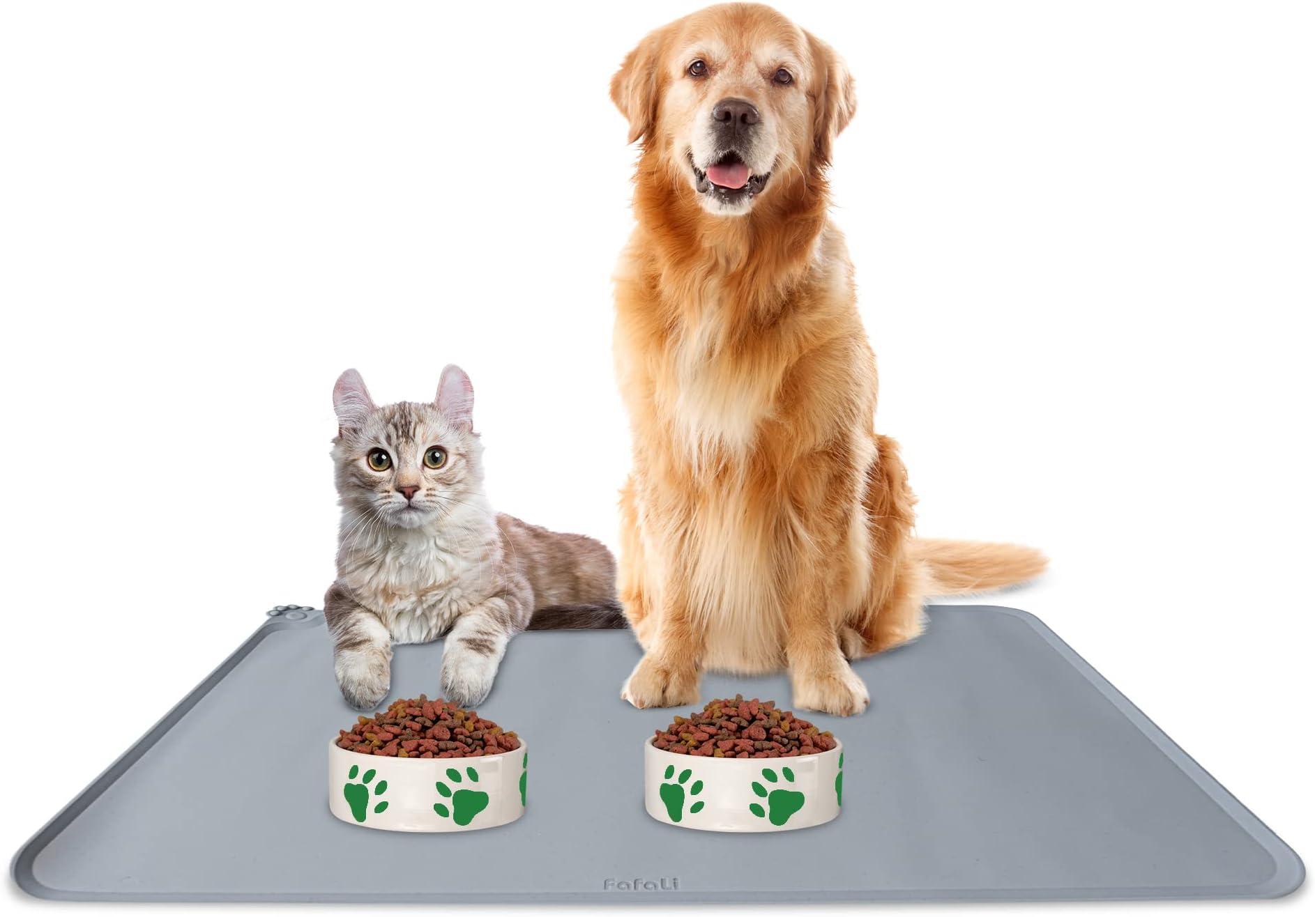 fafaLi Pet Feeding Mat,Pet Food Mat, Waterproof Silicon Placemat Large Size 55 by 38cm for Dogs & Cats Food & Water Non Slip Durable Collapsible Food Grade Approved Gray