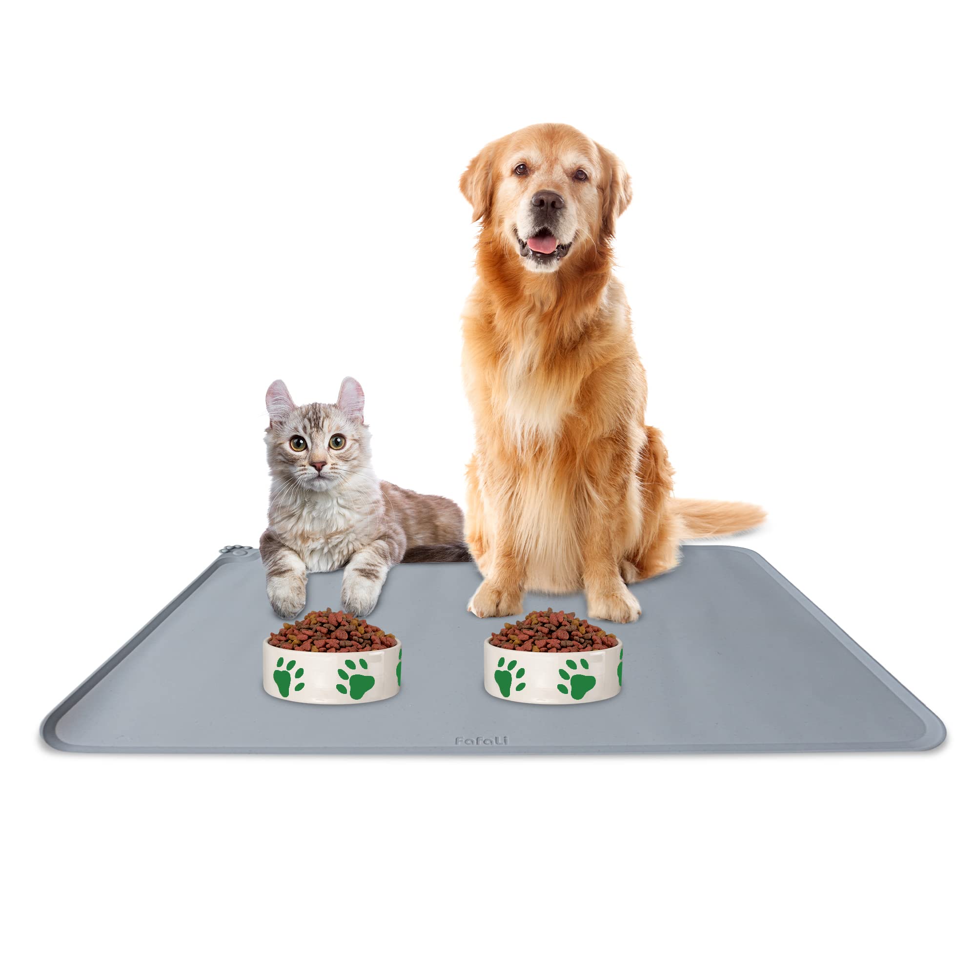 fafaLi Pet Feeding Mat,Pet Food Mat, Waterproof Silicon Placemat Large Size 55 by 38cm for Dogs & Cats Food & Water Non Slip Durable Collapsible Food Grade Approved Gray