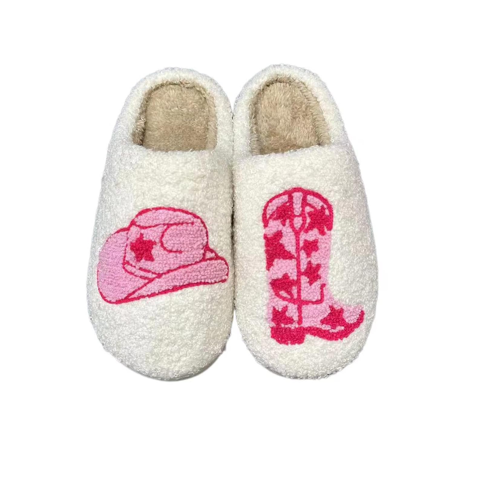 Cowboy Cowgirl Hat Slippers For Women Men Smile Face Slipper Plush Comfy Retro Preppy Slippers Warm Fuzzy House Shoes