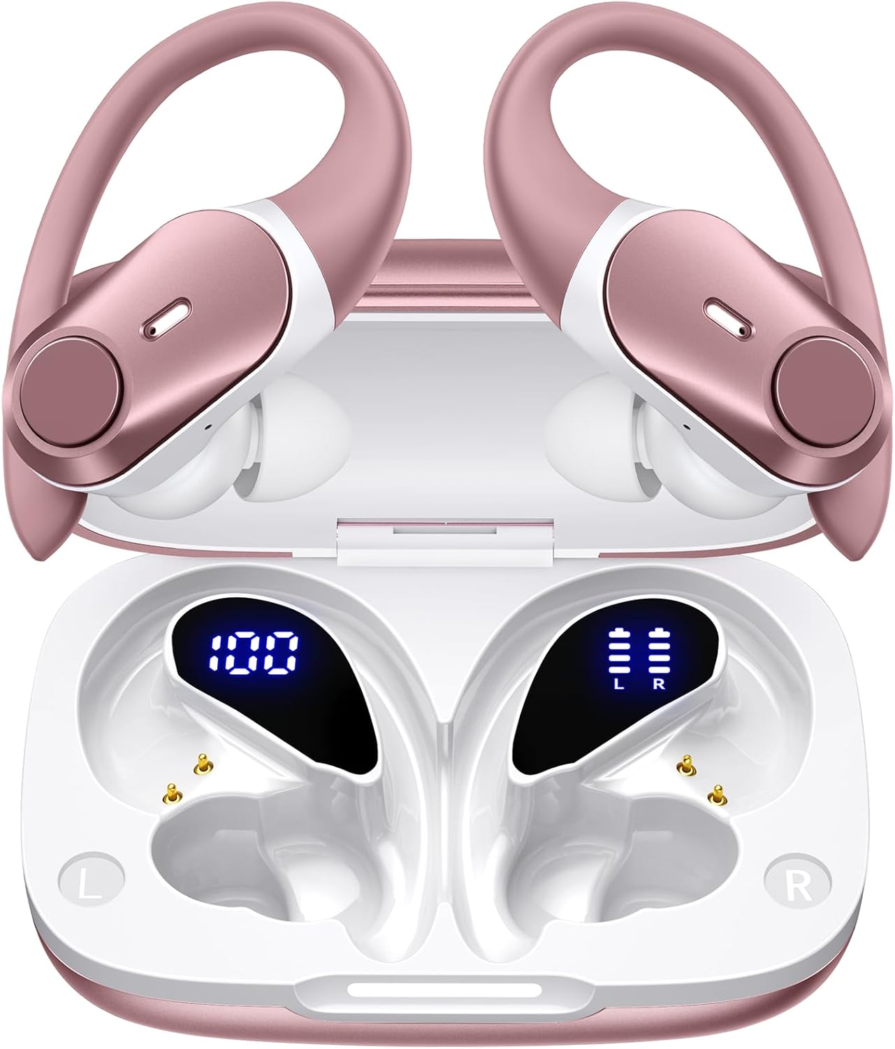 GOLREX Active Noise Cancelling Wireless Earbuds Bluetooth Headphones 80H Playtime Ear Buds with Power Display Case Hi-Res Sound & Clear Calls Over Ear Hooks Earphones for Sports Running Gym Cerise