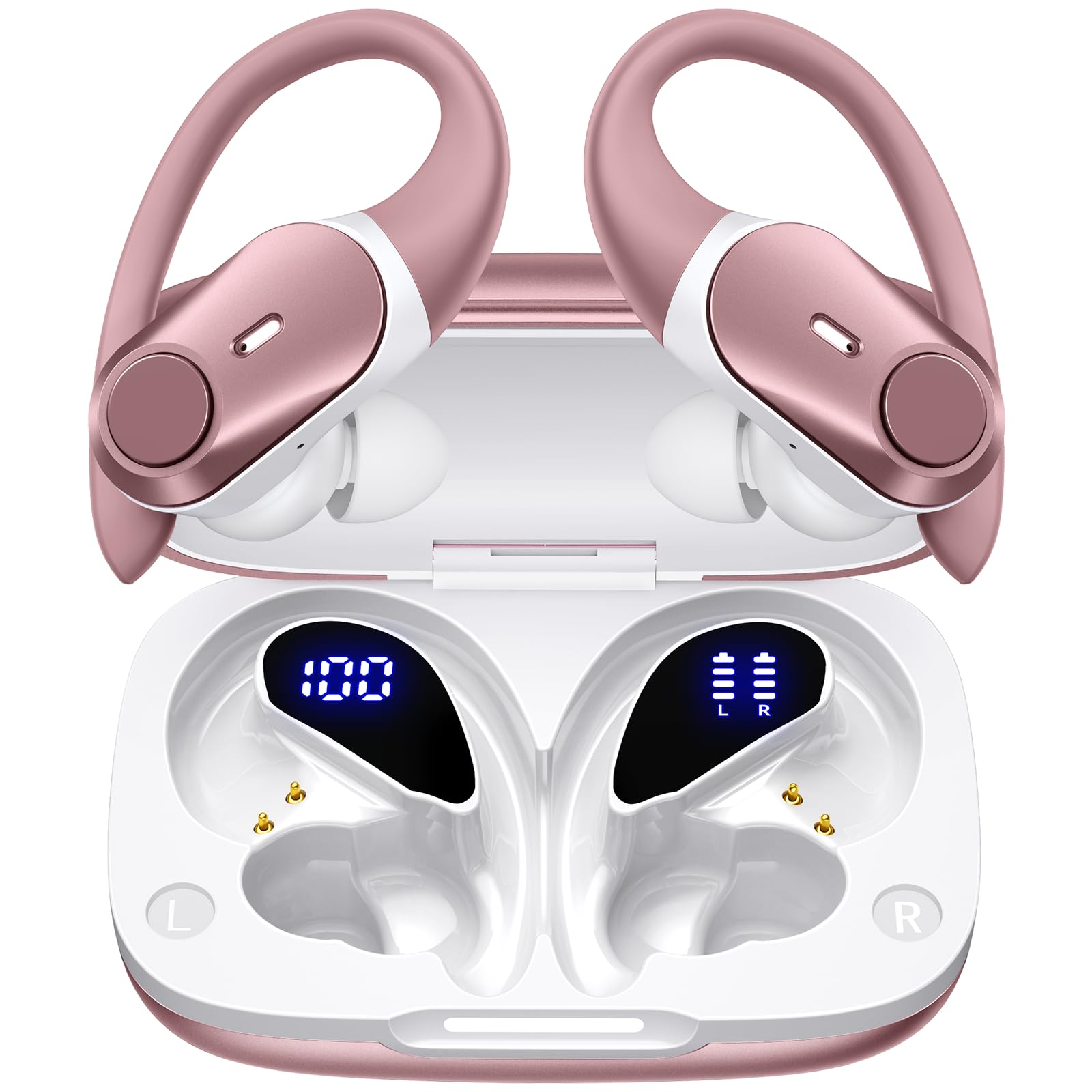 Active Noise Cancelling Ear Buds Wireless Earbuds 80H Playtime Bluetooth Headphones with LED Display Case, Hi-Res Audio Clear Calls Earphones with Over Ear Hooks for Running Gym Workout Travel Rouge