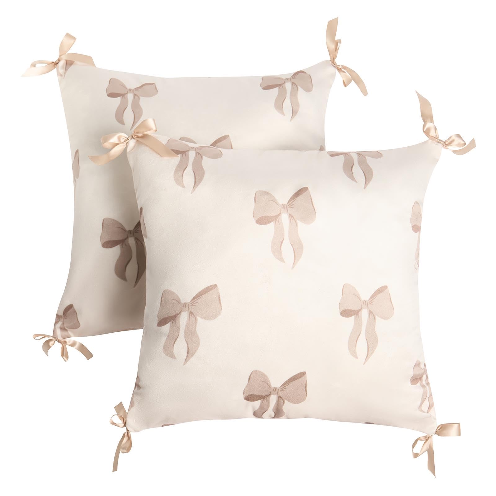 Ohs Women's Cream/Natural Cushion Covers 45 X 45, Matte Velvet Bow Print Decorative Square Throw Pillow Cover With Invisible Home Decor Bow Cushion Covers Set Of 2 For Sofa Living Room Bedroom,