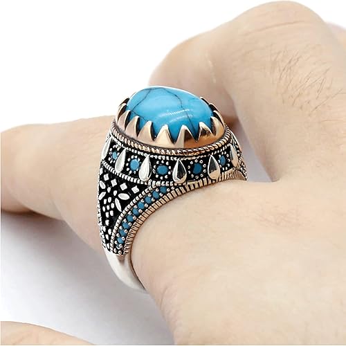 Miniatura 3 de AROTOROM Retro Turquoise Ring for Men in 925 Sterling Silver Oval Sky Blue Stone Ring Life Track Significance Turkish Handmade Engraved Silver Ring